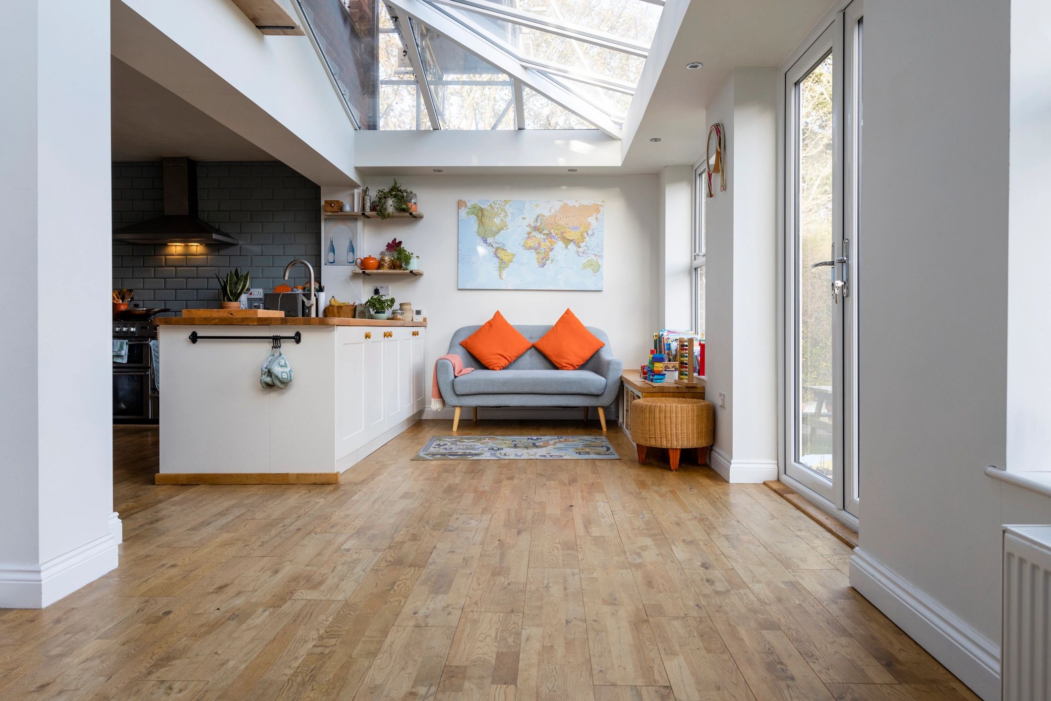 Modern living room with hardwood flooring in a home